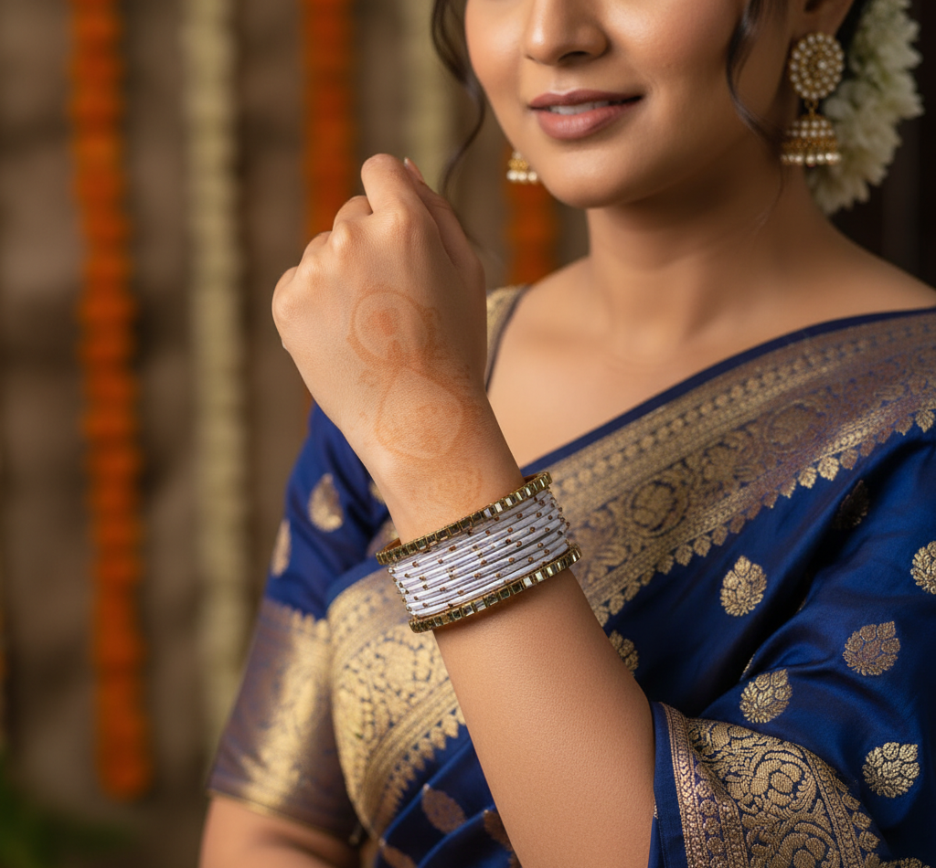 Gold & White Colour Mixed Silk Thread Bangle